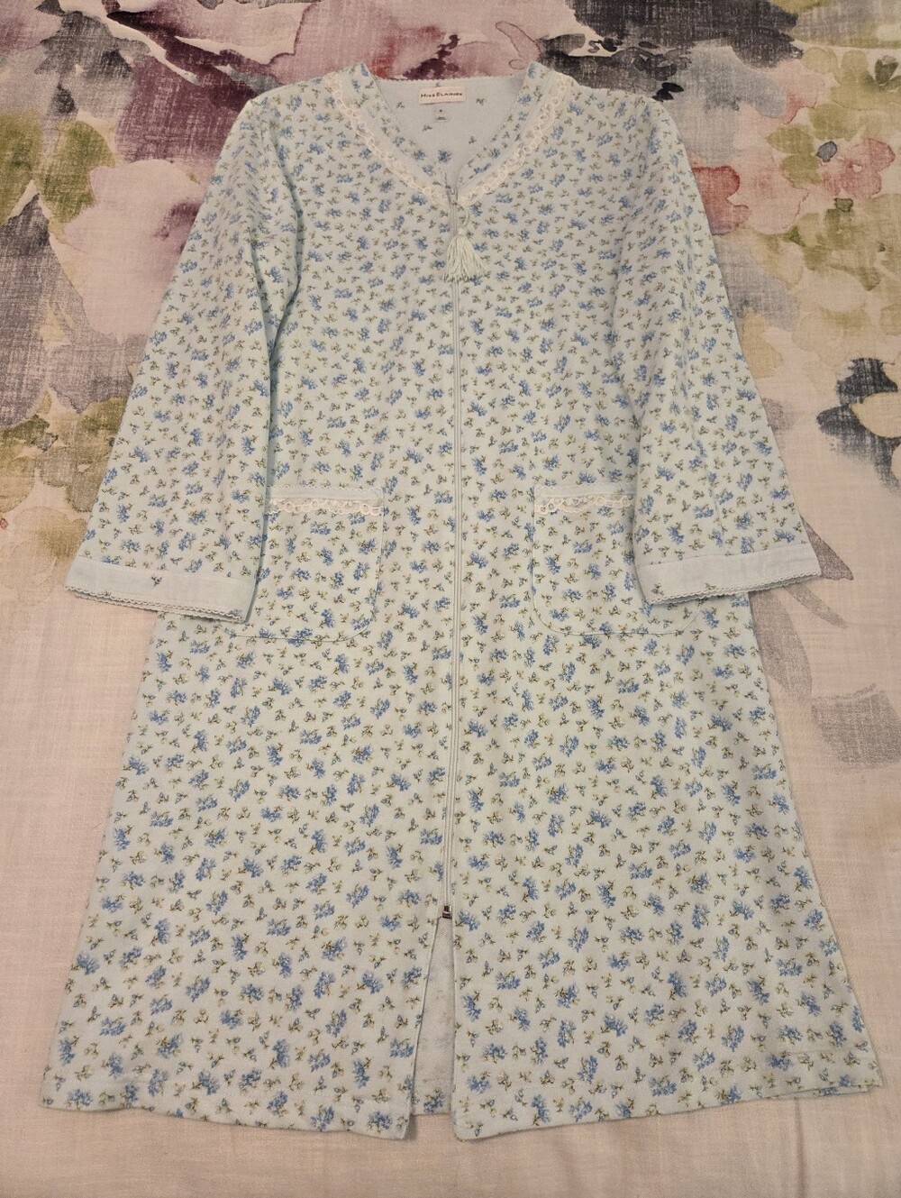 MISS ELAINE Blue Ditsy Flower Full Zip Long Sleeve House Coat Duster Robe Size S - Picture 7 of 12